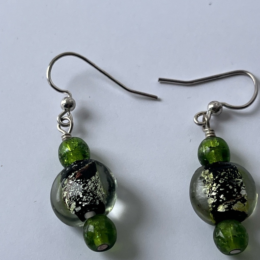 Sterling Silver Handmade Green Glass Bead Dangle Earrings With Fishhook Wires - Picture 2 of 5